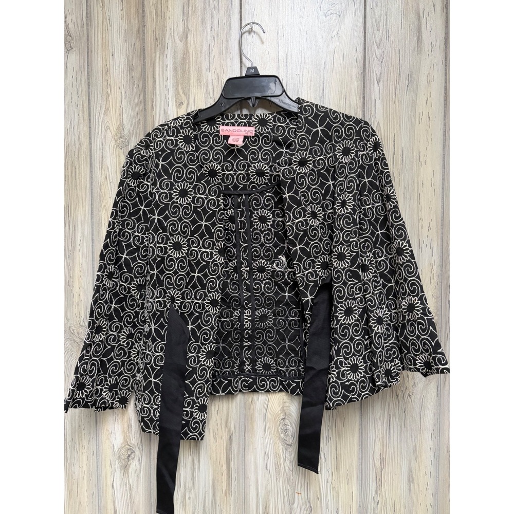 Bandolino Petite Black White Floral Embroidered Linen Blend Tie Front Jacket 12P